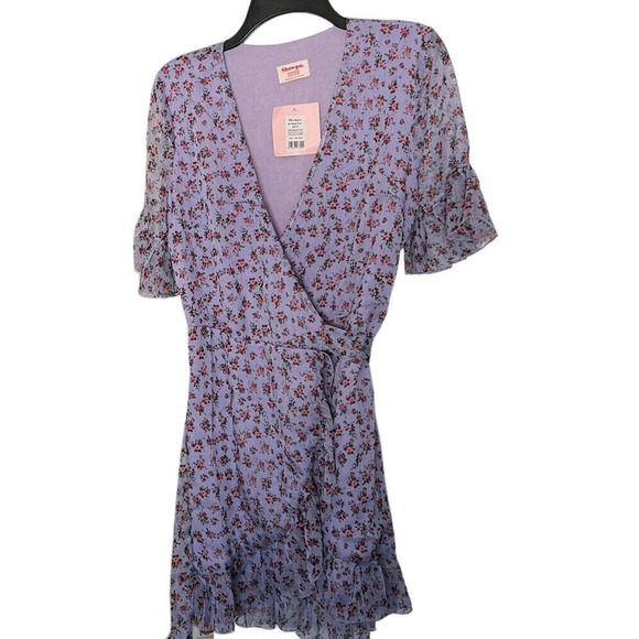 Showpo Wrap Dress Purple Floral Print V-Neck Short Sleeve Tie Waist Size 8 - Picture 5 of 7